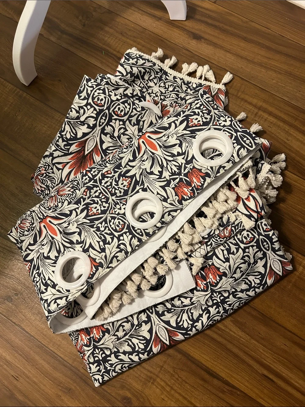 Amazon Navy Floral Throw Blanket with Red Accents and Cream Tassels